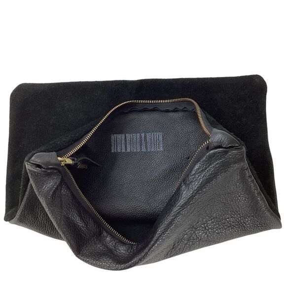 Leather Suede Black Clutch Fold Over Pouch Zip Closure Patchwork Minimal Purse - Picture 6 of 7